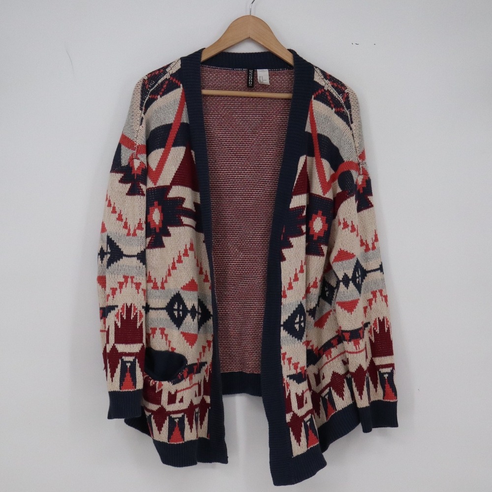 H&M Cardigan Womens M Divided Open Front Geometric Southwestern Navy Red